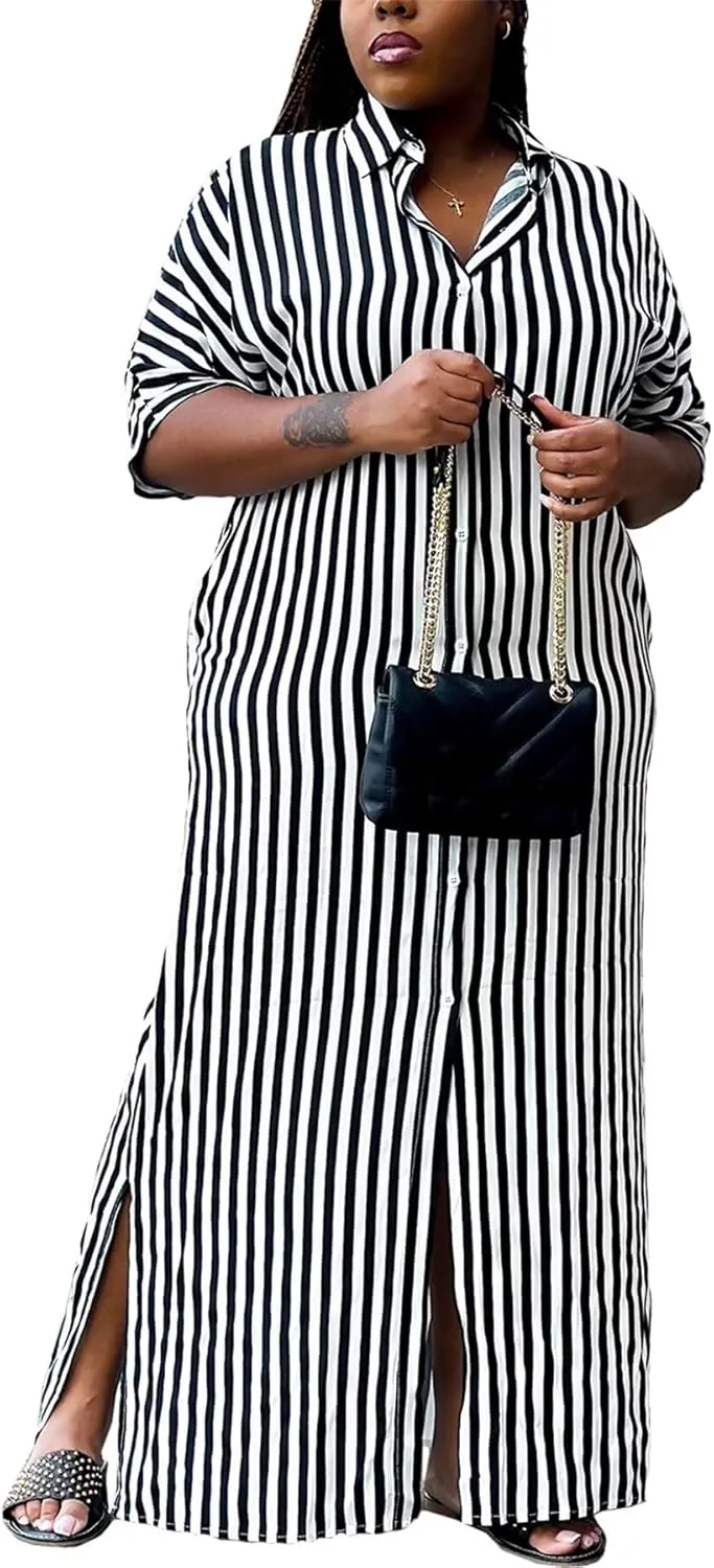 LROSEY Women's Casual Button Down Loose Maxi Shirt Dresses Summer Striped Short Sleeve Striped Dress with Pockets Plus Size