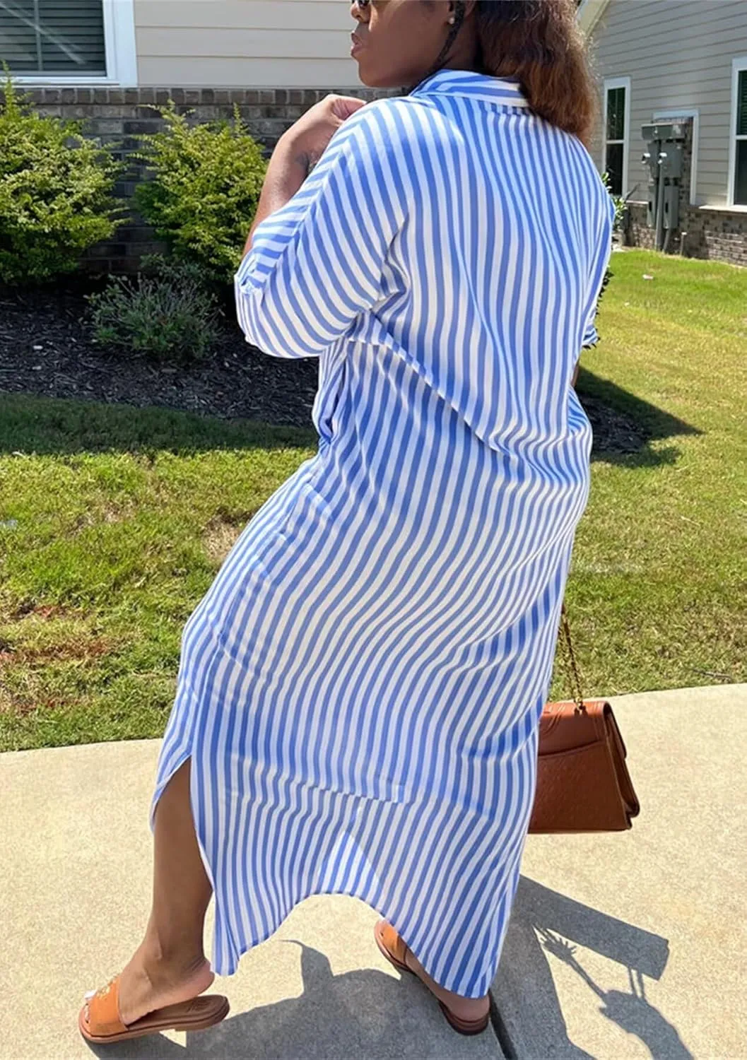LROSEY Women's Casual Button Down Loose Maxi Shirt Dresses Summer Striped Short Sleeve Striped Dress with Pockets Plus Size