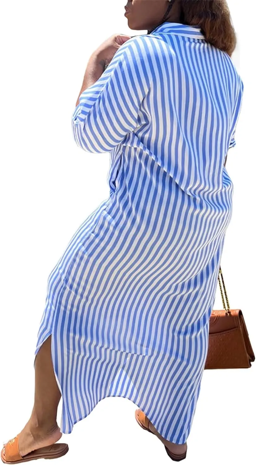 LROSEY Women's Casual Button Down Loose Maxi Shirt Dresses Summer Striped Short Sleeve Striped Dress with Pockets Plus Size