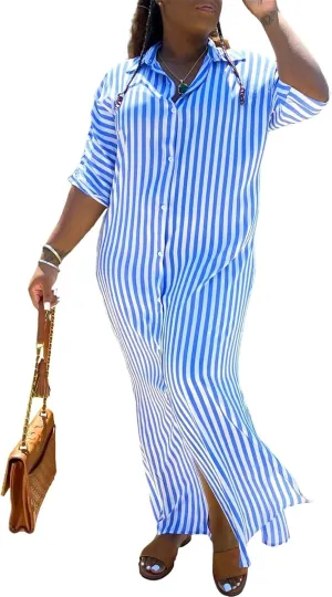 LROSEY Women's Casual Button Down Loose Maxi Shirt Dresses Summer Striped Short Sleeve Striped Dress with Pockets Plus Size