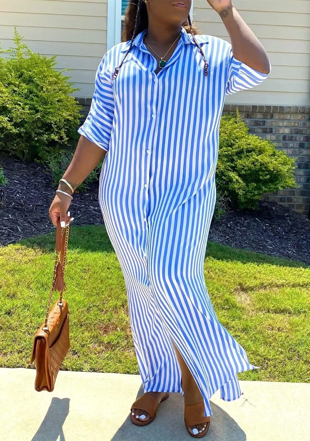 LROSEY Women's Casual Button Down Loose Maxi Shirt Dresses Summer Striped Short Sleeve Striped Dress with Pockets Plus Size