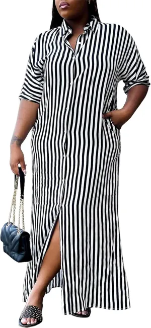 LROSEY Women's Casual Button Down Loose Maxi Shirt Dresses Summer Striped Short Sleeve Striped Dress with Pockets Plus Size