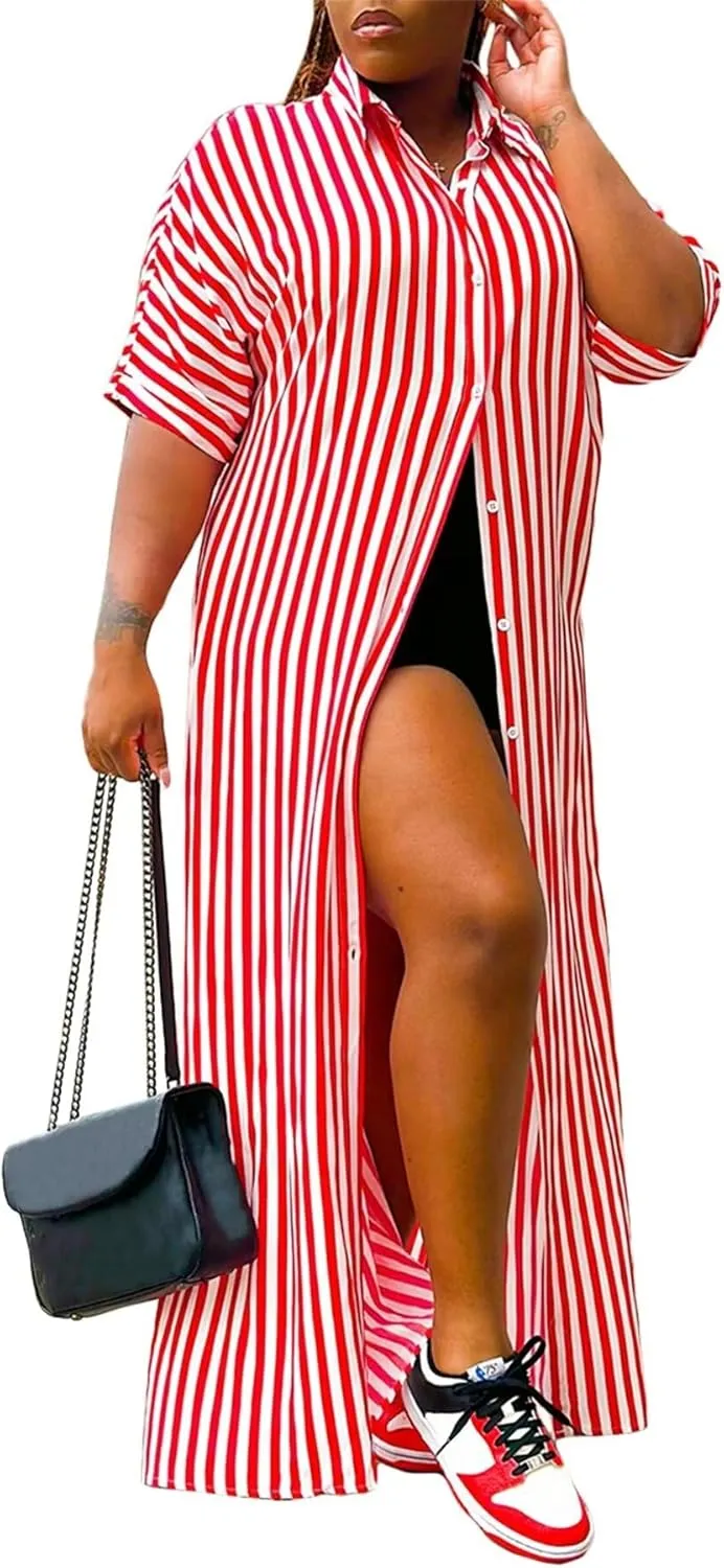 LROSEY Women's Casual Button Down Loose Maxi Shirt Dresses Summer Striped Short Sleeve Striped Dress with Pockets Plus Size