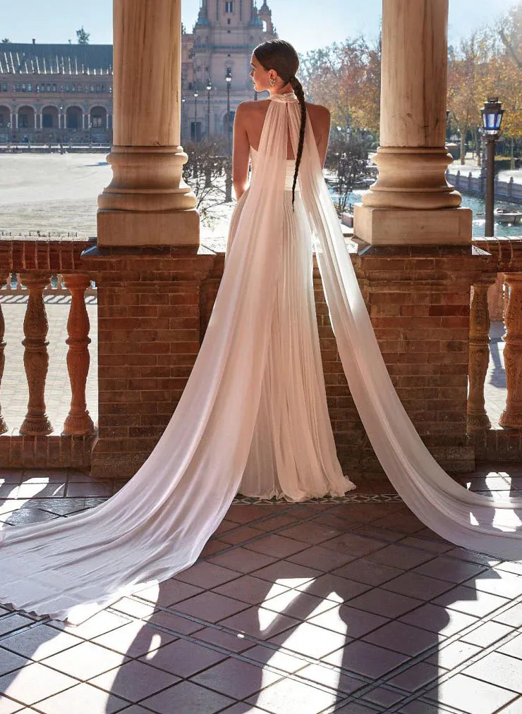 Luolandi Plunge A-Line Chiffon Pleated Wedding Dresses V-neck Floor Length Solid Color Elegant