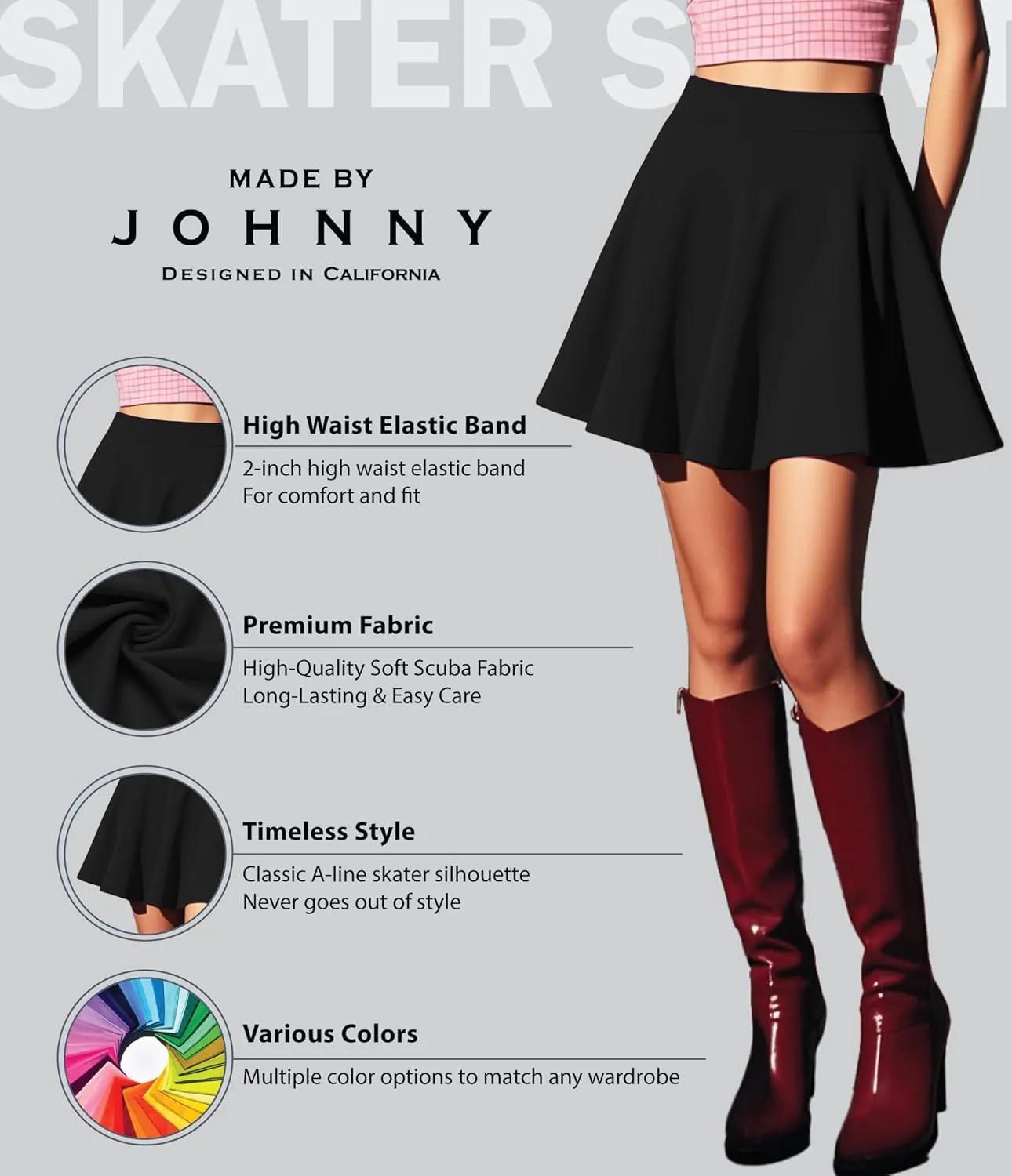 Made By Johnny Women's Basic Versatile Stretchy Flared Casual Mini Skater Skirt XS-3XL Plus Size
