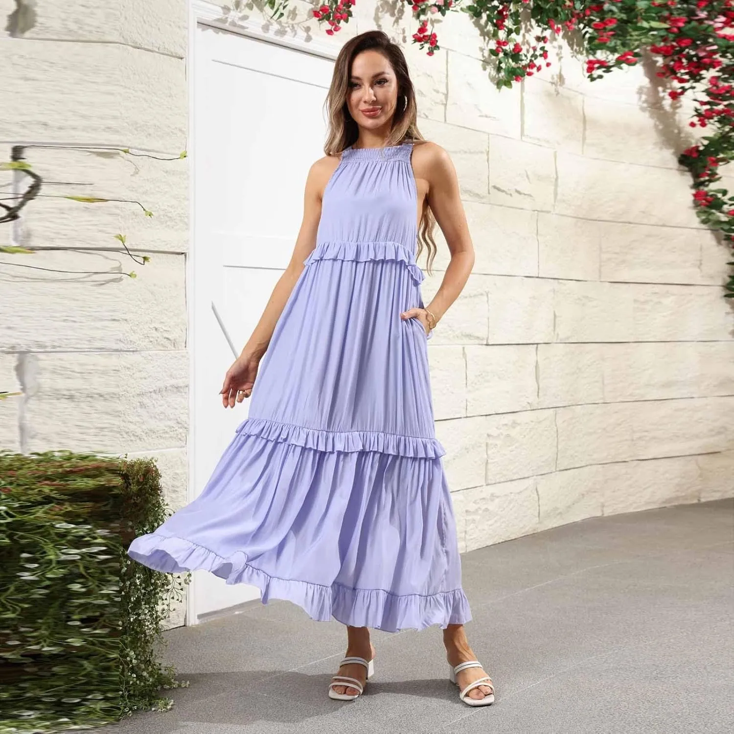 Maxi Dresses for Women 2025 Vacation Swing Flowy Tiered Dress Pretty Garden Halter Neck Long Smocked Ruffle Dresses