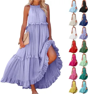 Maxi Dresses for Women 2025 Vacation Swing Flowy Tiered Dress Pretty Garden Halter Neck Long Smocked Ruffle Dresses