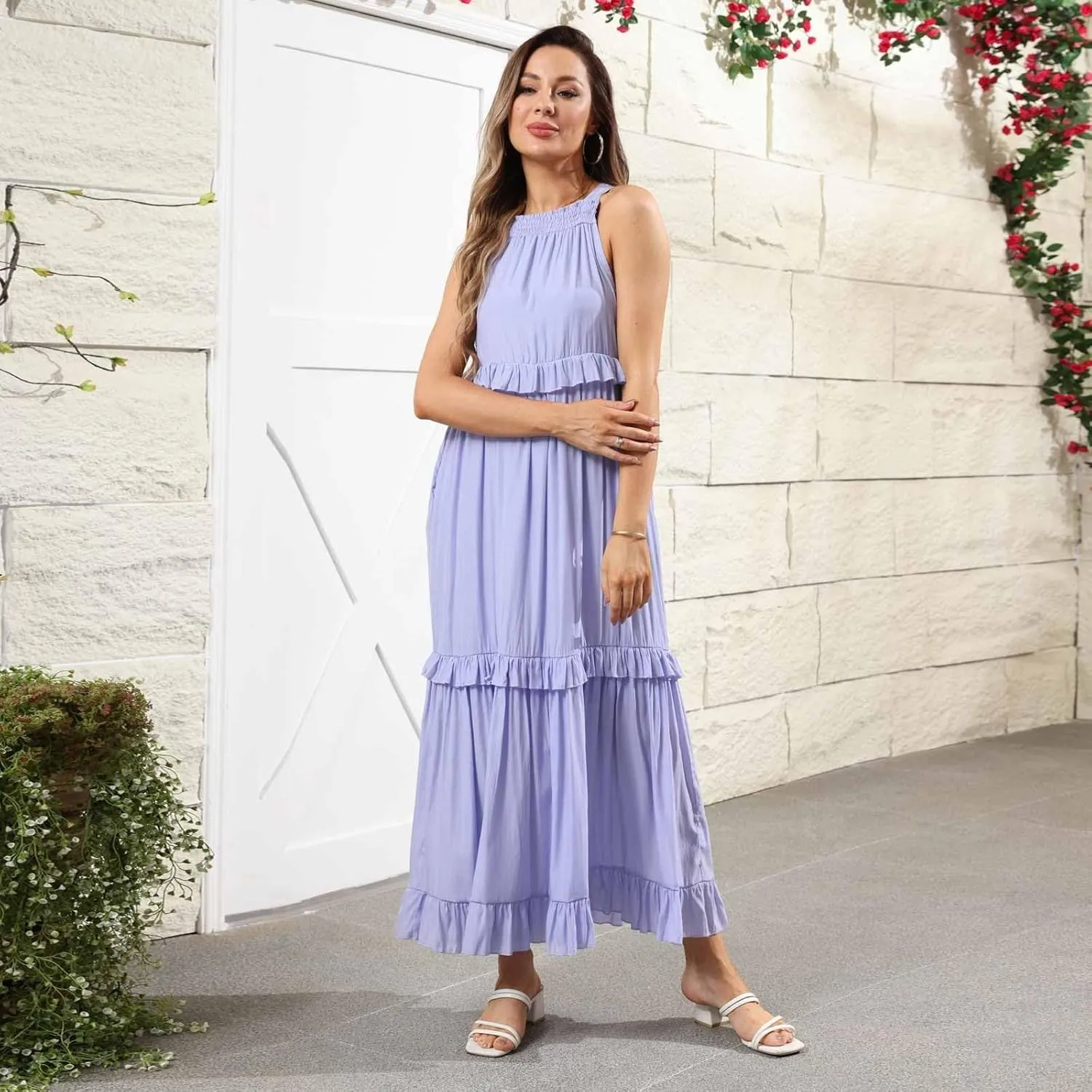 Maxi Dresses for Women 2025 Vacation Swing Flowy Tiered Dress Pretty Garden Halter Neck Long Smocked Ruffle Dresses