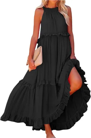 Maxi Dresses for Women 2025 Vacation Swing Flowy Tiered Dress Pretty Garden Halter Neck Long Smocked Ruffle Dresses