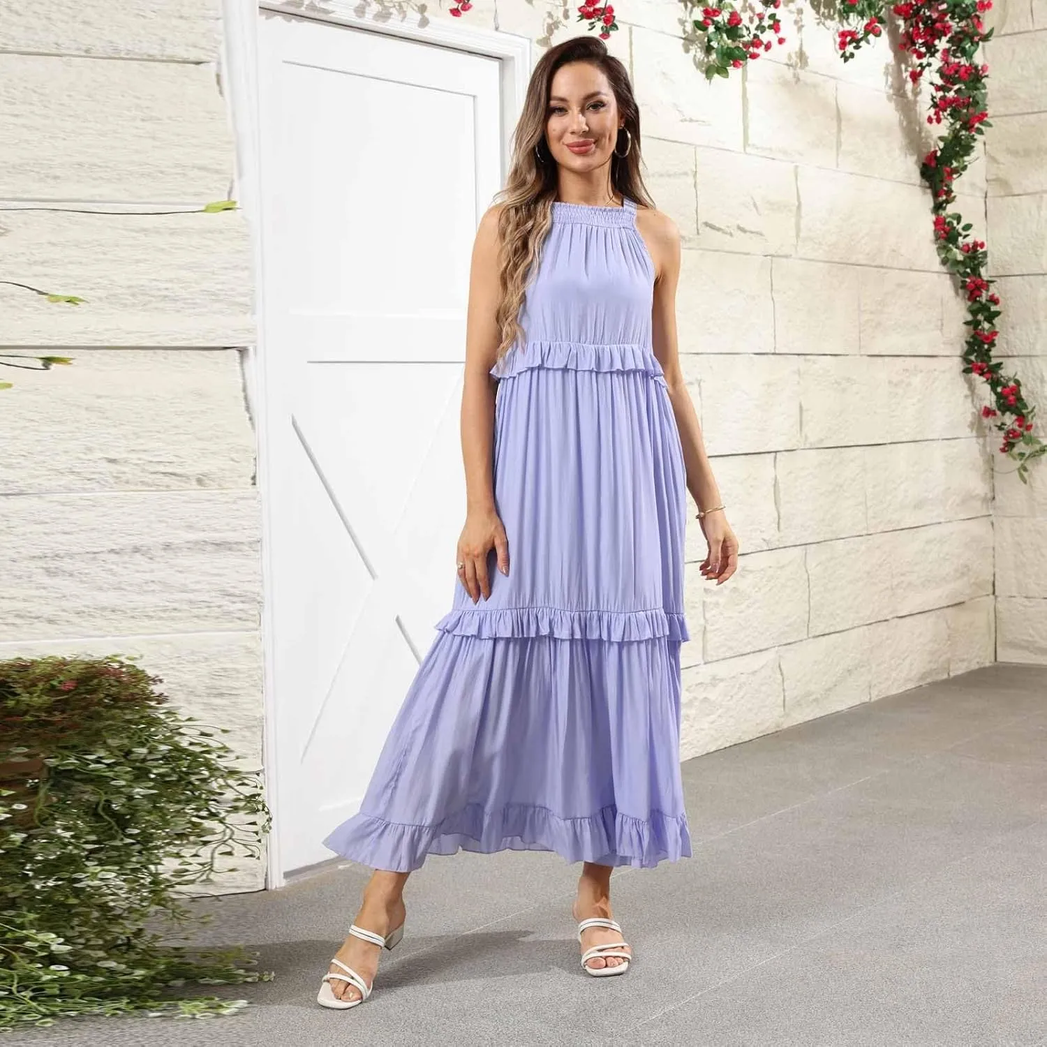 Maxi Dresses for Women 2025 Vacation Swing Flowy Tiered Dress Pretty Garden Halter Neck Long Smocked Ruffle Dresses