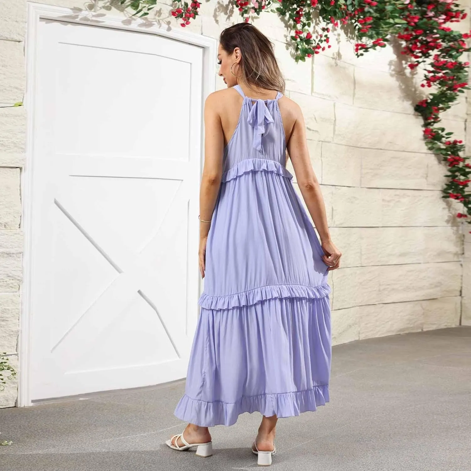 Maxi Dresses for Women 2025 Vacation Swing Flowy Tiered Dress Pretty Garden Halter Neck Long Smocked Ruffle Dresses