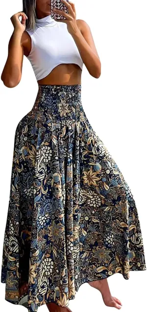 Maxi Skirts for Women 2025 Vintage Printed High Waist Flowy Hem Trendy Skirts Relaxed Beach Vacation Skirt