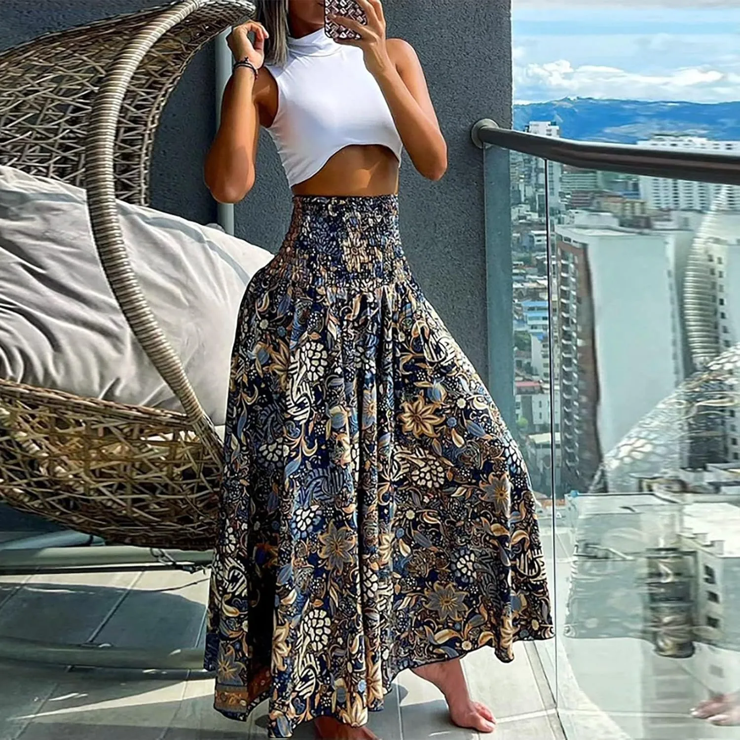 Maxi Skirts for Women 2025 Vintage Printed High Waist Flowy Hem Trendy Skirts Relaxed Beach Vacation Skirt