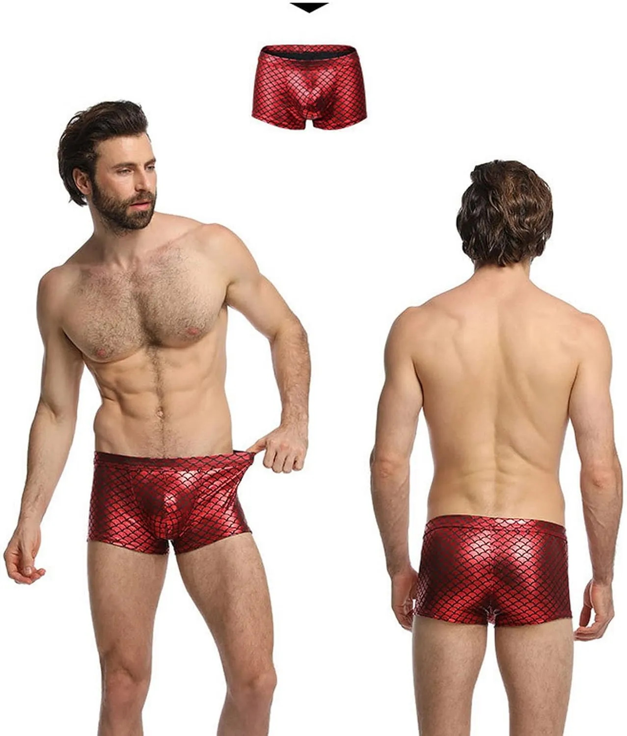 Men's Boxers Fish Scale Imitation Leather Underwear Sexy Big Bag Bikini Thong Swimming Pants