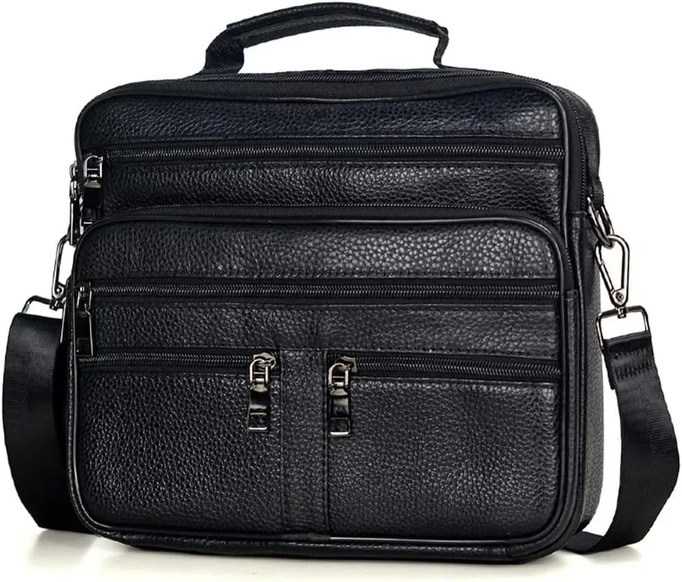 Men's Genuine Leather Messenger Coffee Middle Size Handbags Tote Men Briefcase(Black)