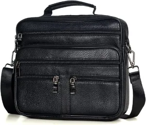Men's Genuine Leather Messenger Coffee Middle Size Handbags Tote Men Briefcase(Black)