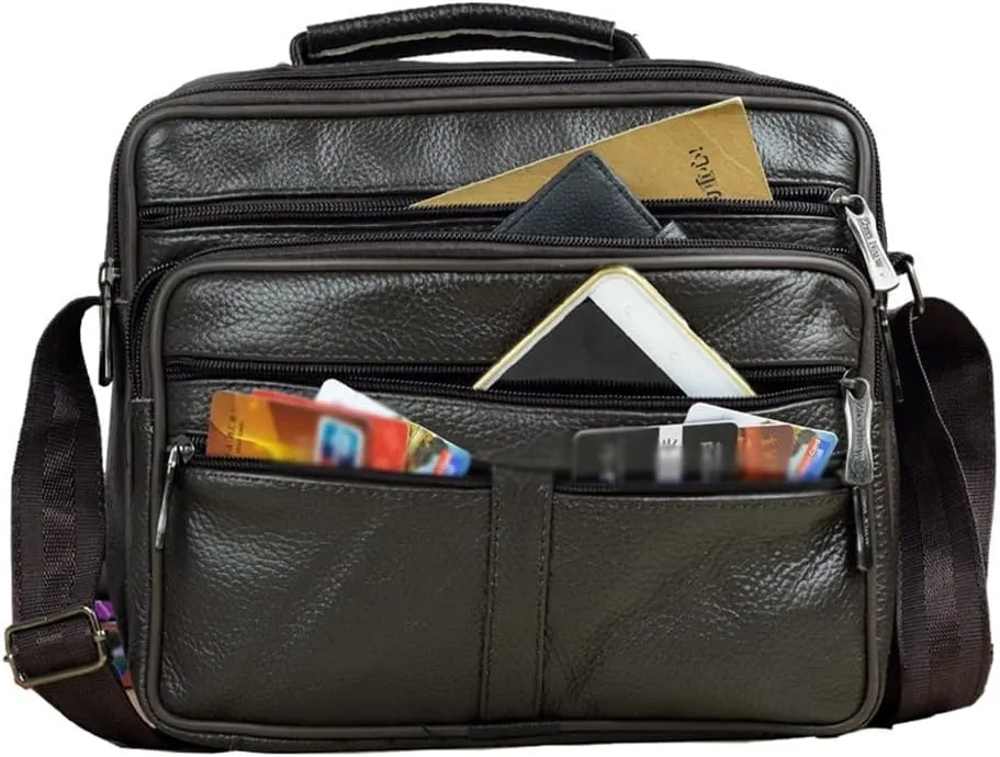 Men's Genuine Leather Messenger Coffee Middle Size Handbags Tote Men Briefcase(Black)