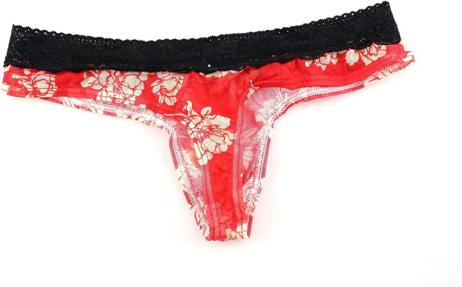 Men'S Lace Frilly Sissy Thong Panties Sheer Mesh Cheeky Bikini Briefs T-Back G-String Breathable Underwear