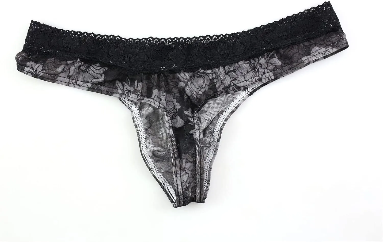 Men'S Lace Frilly Sissy Thong Panties Sheer Mesh Cheeky Bikini Briefs T-Back G-String Breathable Underwear