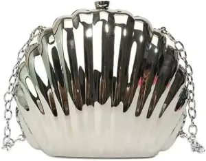 Metal Material Clutch Purse Shell Shape Handbag for Women Y2K Unique Evening Crossbody Bag for Women (Silver)