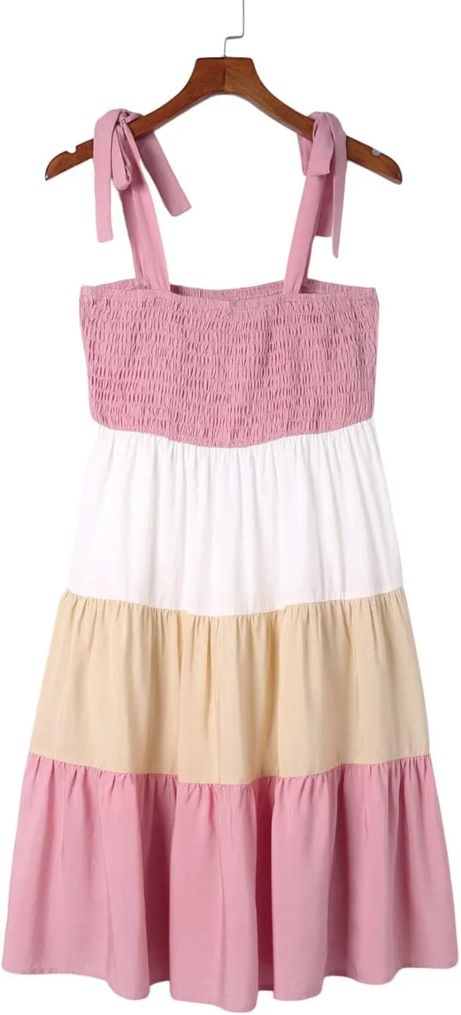 Meufam Women 2023 Summer Tie Strap Color Block Mini Dress Sleeveless Square Neck Ruffle Swing A Line Beach Dress