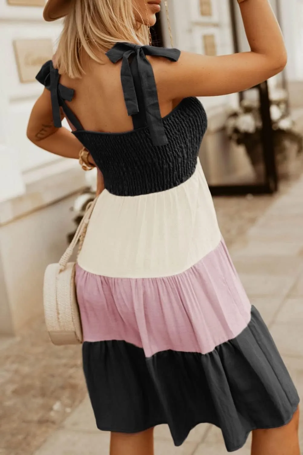 Meufam Women 2023 Summer Tie Strap Color Block Mini Dress Sleeveless Square Neck Ruffle Swing A Line Beach Dress