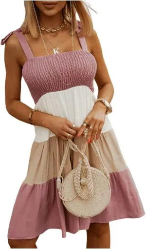 Meufam Women 2023 Summer Tie Strap Color Block Mini Dress Sleeveless Square Neck Ruffle Swing A Line Beach Dress