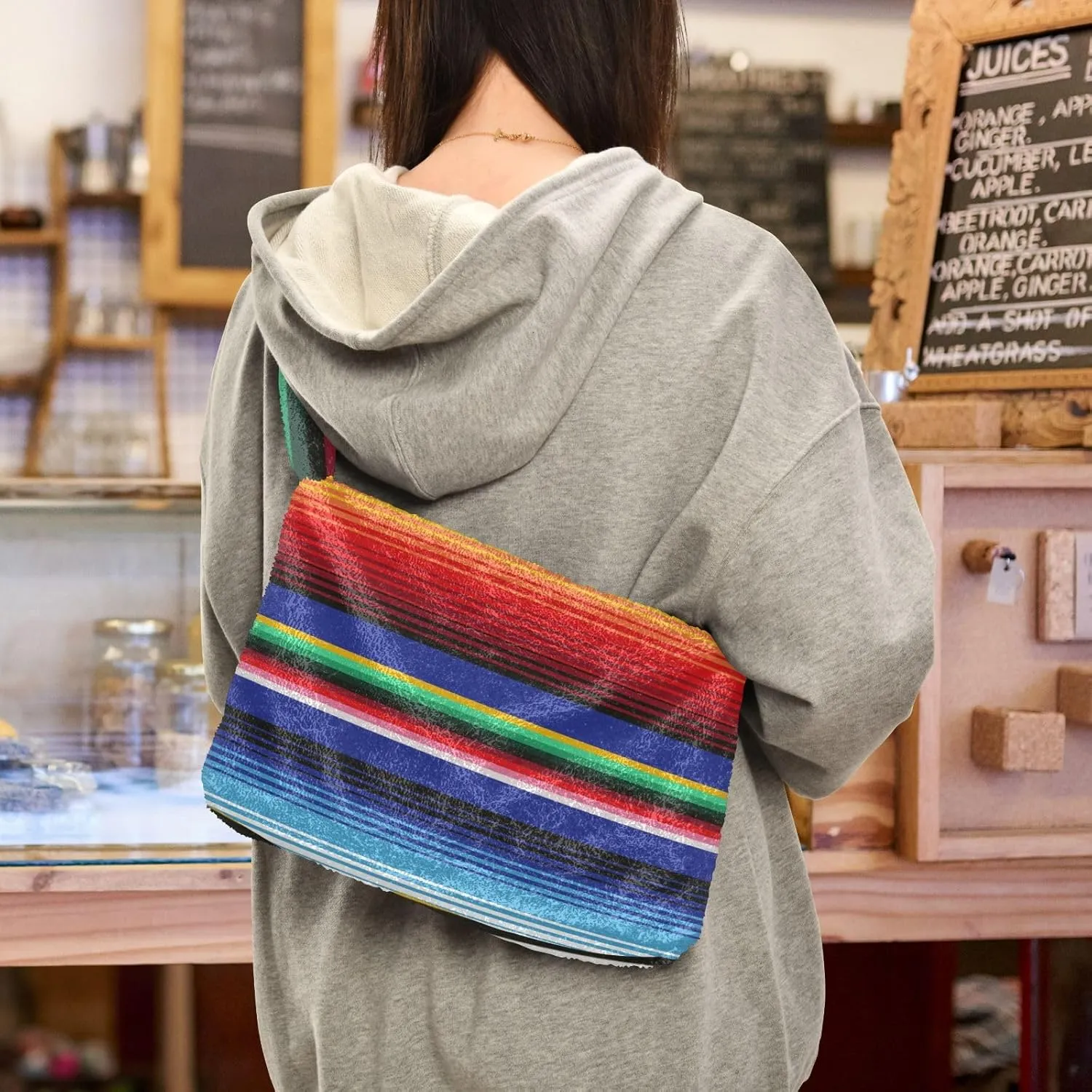 Mexican Serape Shoulder Tote Bags for Women Furry Crossbody bag with Zipper Hobo Handbag Purses