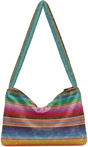 Mexican Serape Shoulder Tote Bags for Women Furry Crossbody bag with Zipper Hobo Handbag Purses