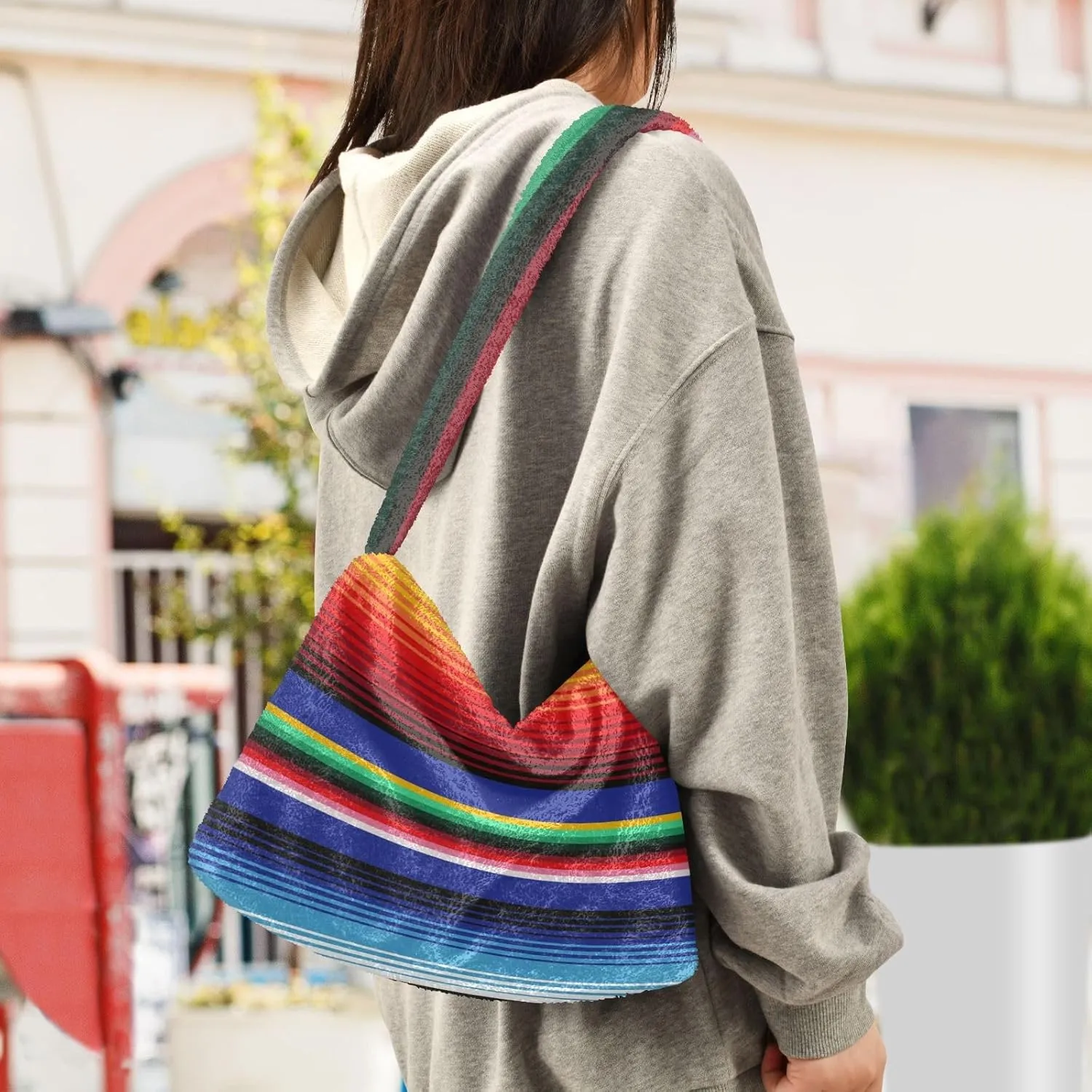 Mexican Serape Shoulder Tote Bags for Women Furry Crossbody bag with Zipper Hobo Handbag Purses