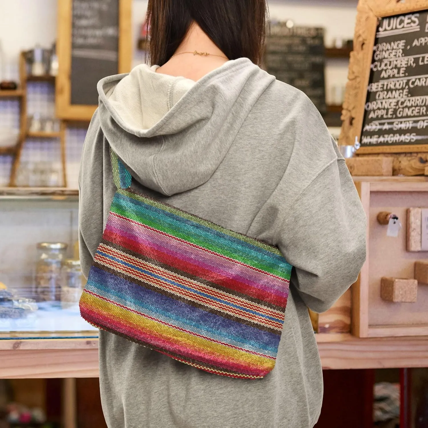 Mexican Serape Shoulder Tote Bags for Women Furry Crossbody bag with Zipper Hobo Handbag Purses