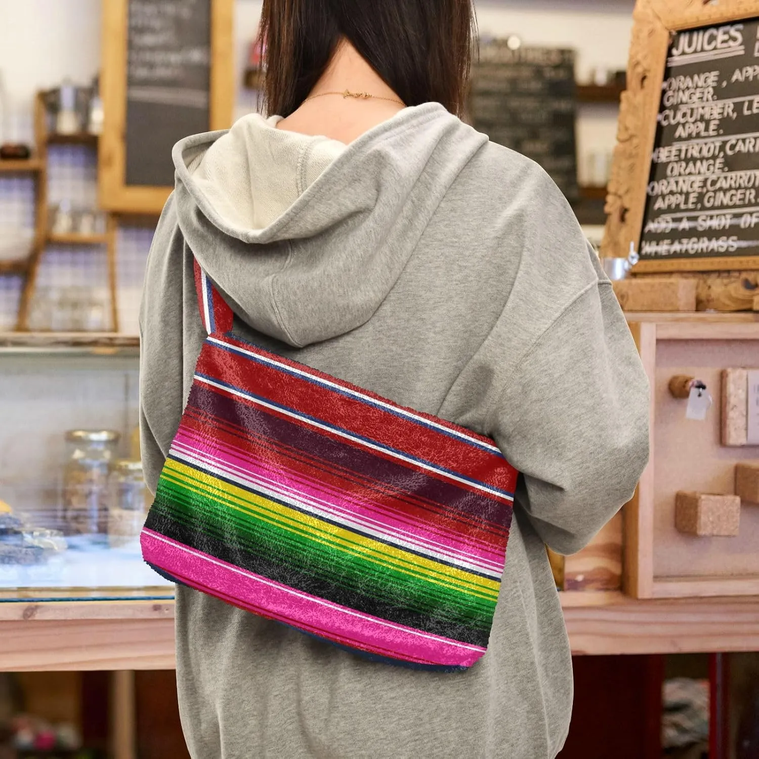 Mexican Serape Shoulder Tote Bags for Women Furry Crossbody bag with Zipper Hobo Handbag Purses