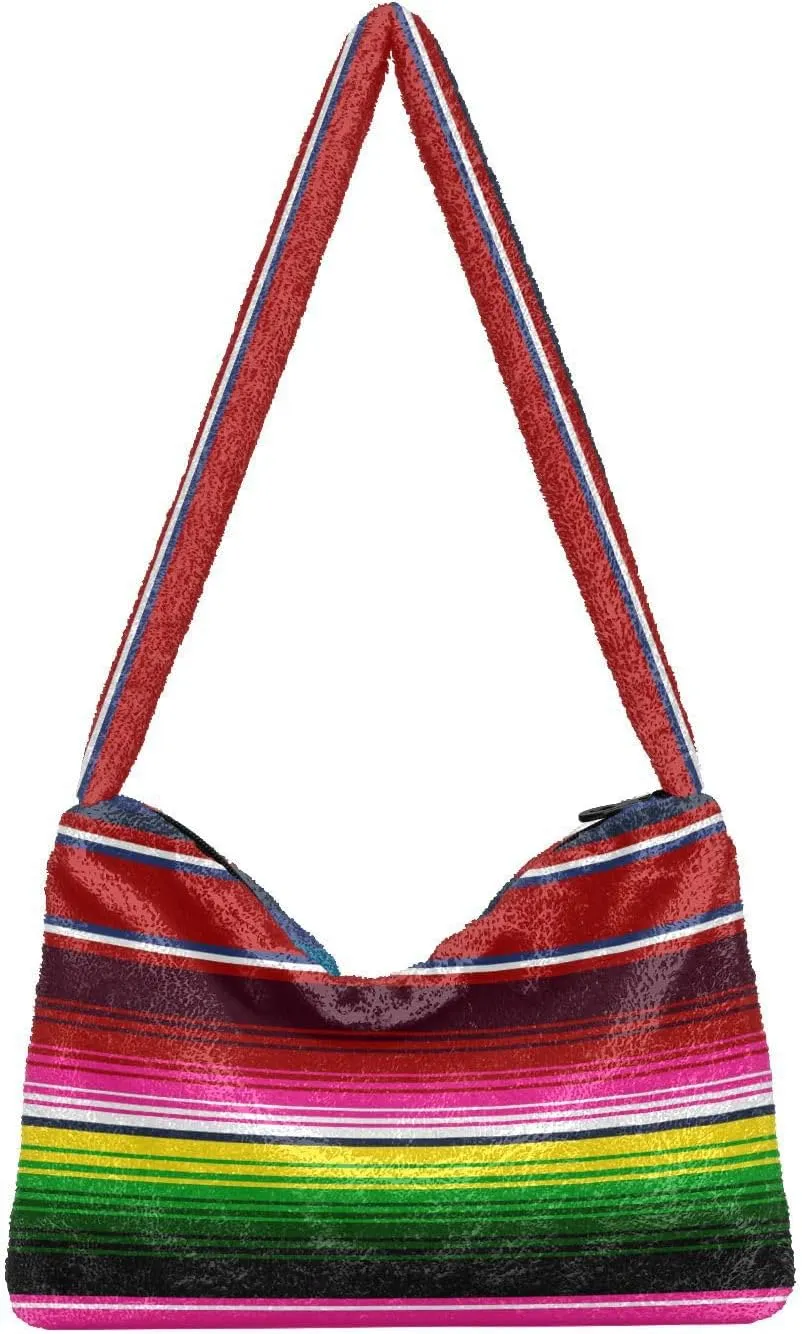 Mexican Serape Shoulder Tote Bags for Women Furry Crossbody bag with Zipper Hobo Handbag Purses