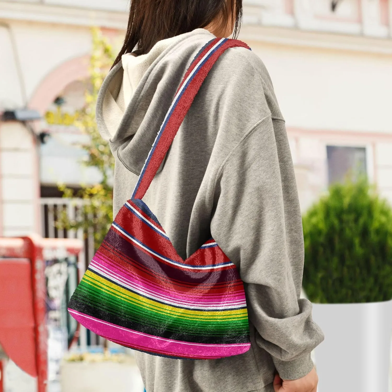Mexican Serape Shoulder Tote Bags for Women Furry Crossbody bag with Zipper Hobo Handbag Purses