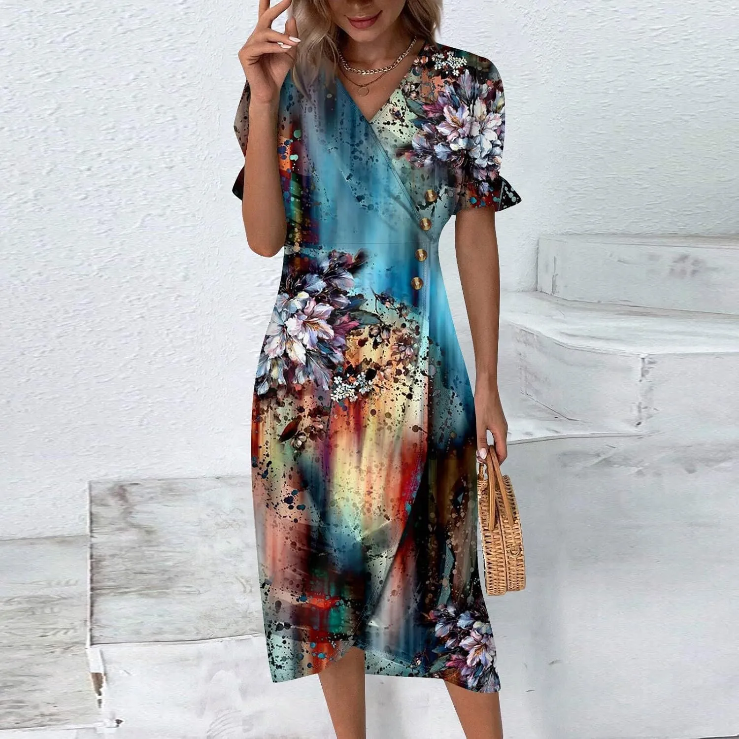 Midi Dresses for Women Casual Trendy Wrap Dress Elegant Party Sundress V Neck Sundresses Beach Vacation Puff Sleeve