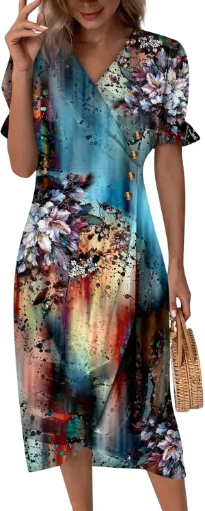 Midi Dresses for Women Casual Trendy Wrap Dress Elegant Party Sundress V Neck Sundresses Beach Vacation Puff Sleeve