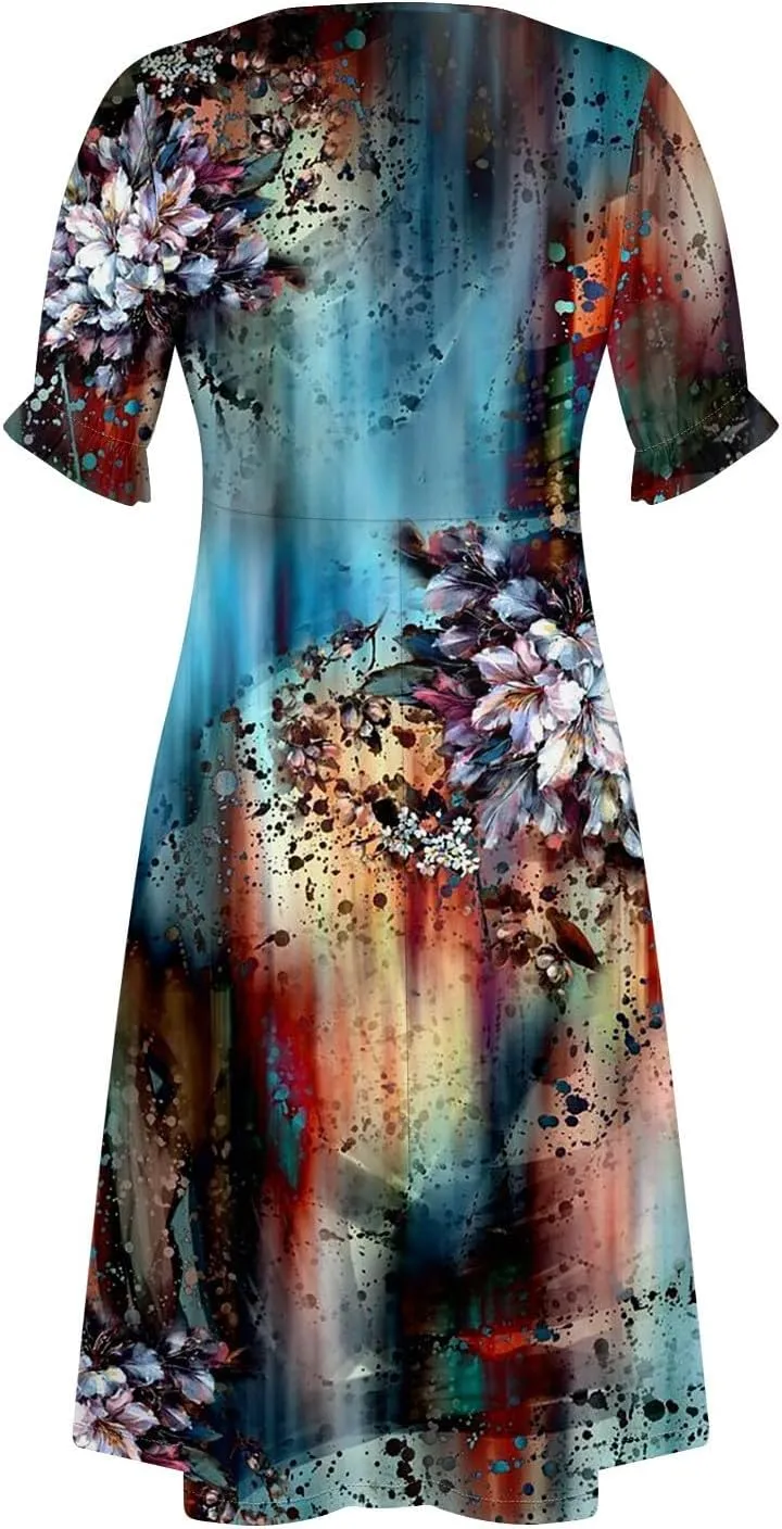 Midi Dresses for Women Casual Trendy Wrap Dress Elegant Party Sundress V Neck Sundresses Beach Vacation Puff Sleeve