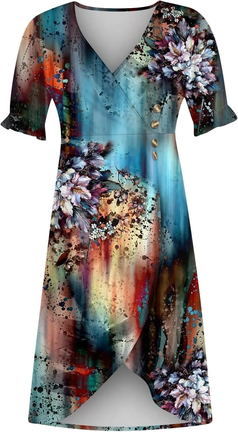 Midi Dresses for Women Casual Trendy Wrap Dress Elegant Party Sundress V Neck Sundresses Beach Vacation Puff Sleeve