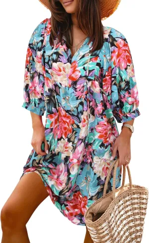 miduo Womens Casual V Neck Summer Half Sleeve Bohemian Floral Mini Tunic Short Dresses