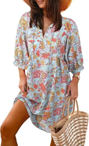 miduo Womens Casual V Neck Summer Half Sleeve Bohemian Floral Mini Tunic Short Dresses