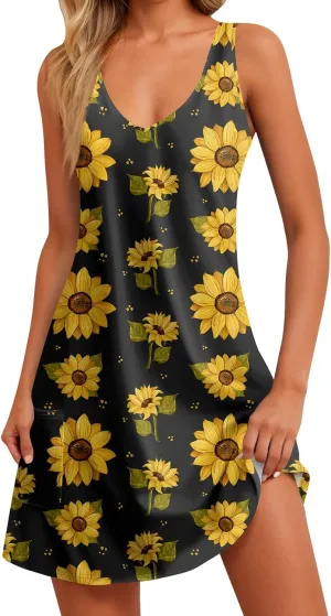 Mini Dresses for Women V Neck Floral Print Mini Dresses Sleeveless Tank Dresses Casual Sundresses Beach Cover Ups