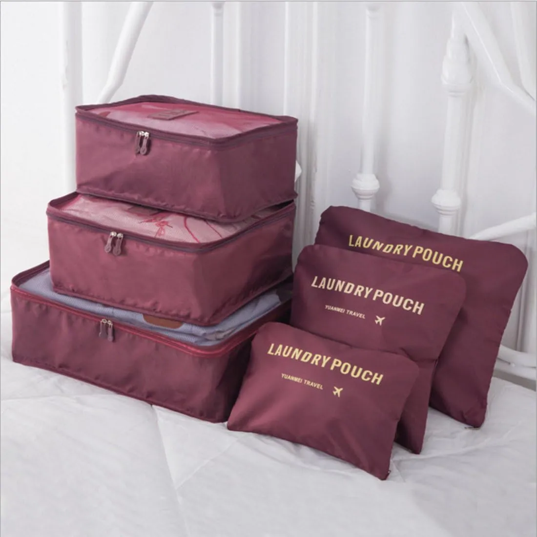 MOCOFO 6-Piece Travel Luggage Storage Bag Set - 3 Travel Storage Bags   3 Small Clothing Organizers (Deep Red)