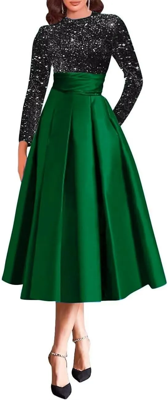 Mother of The Bride Dress for Wedding with Pocket Tea Length Satin Prom Dress Long Sleeve Formal Party Gowns