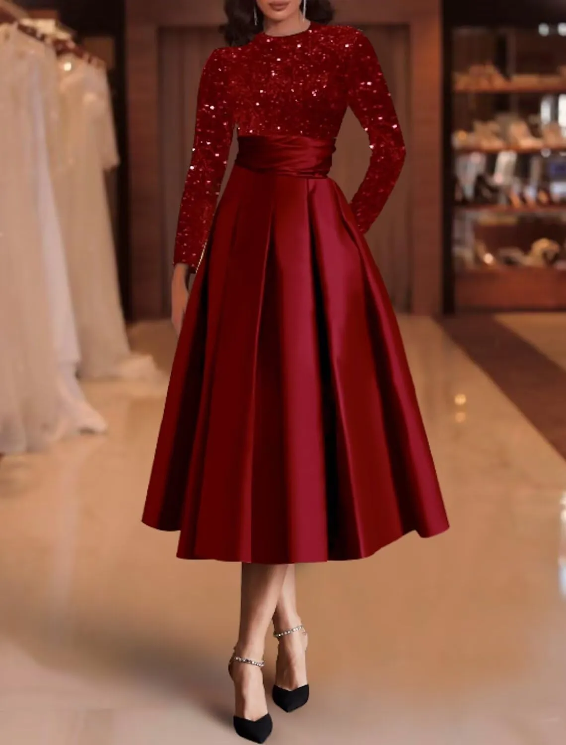 Mother of The Bride Dress for Wedding with Pocket Tea Length Satin Prom Dress Long Sleeve Formal Party Gowns