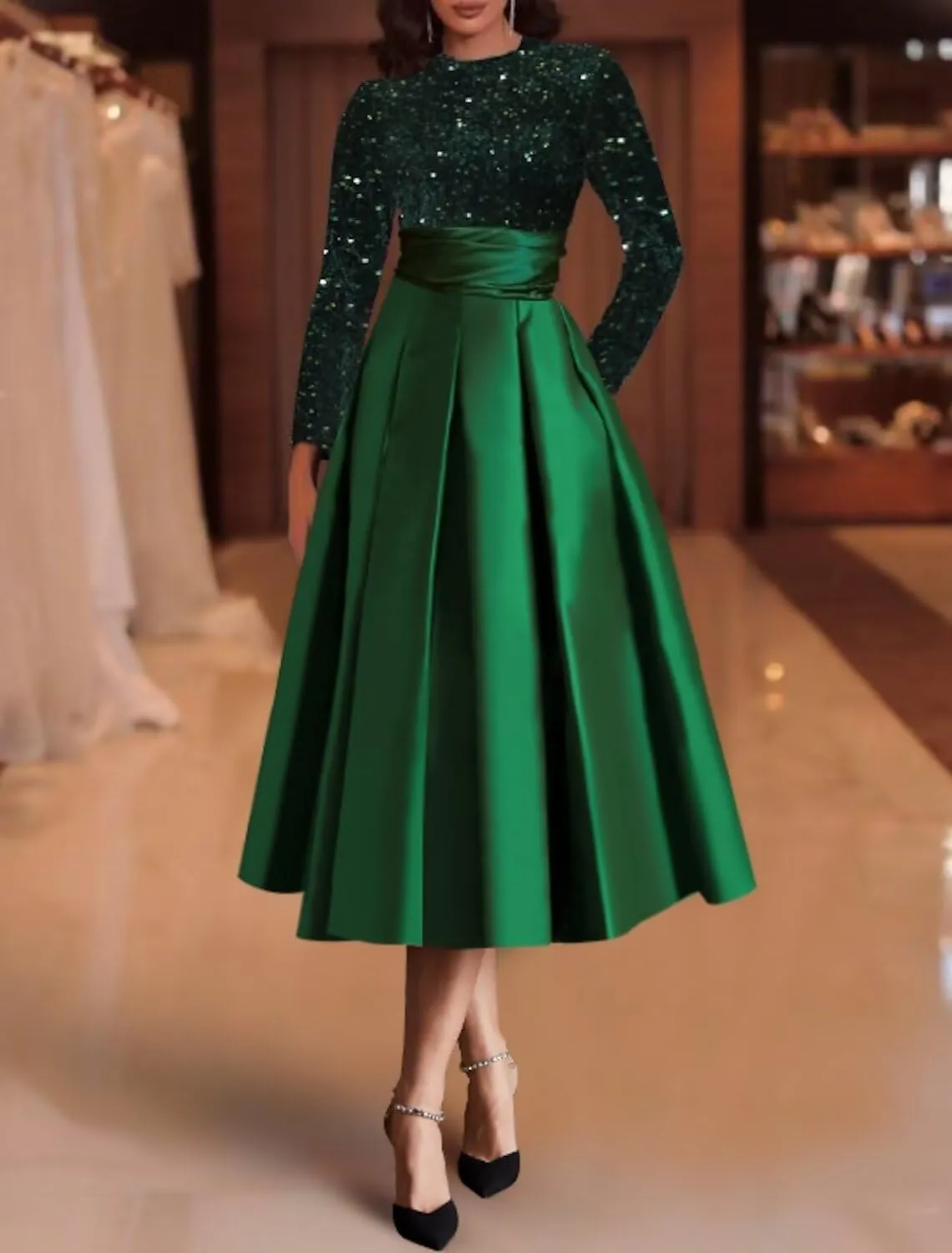 Mother of The Bride Dress for Wedding with Pocket Tea Length Satin Prom Dress Long Sleeve Formal Party Gowns