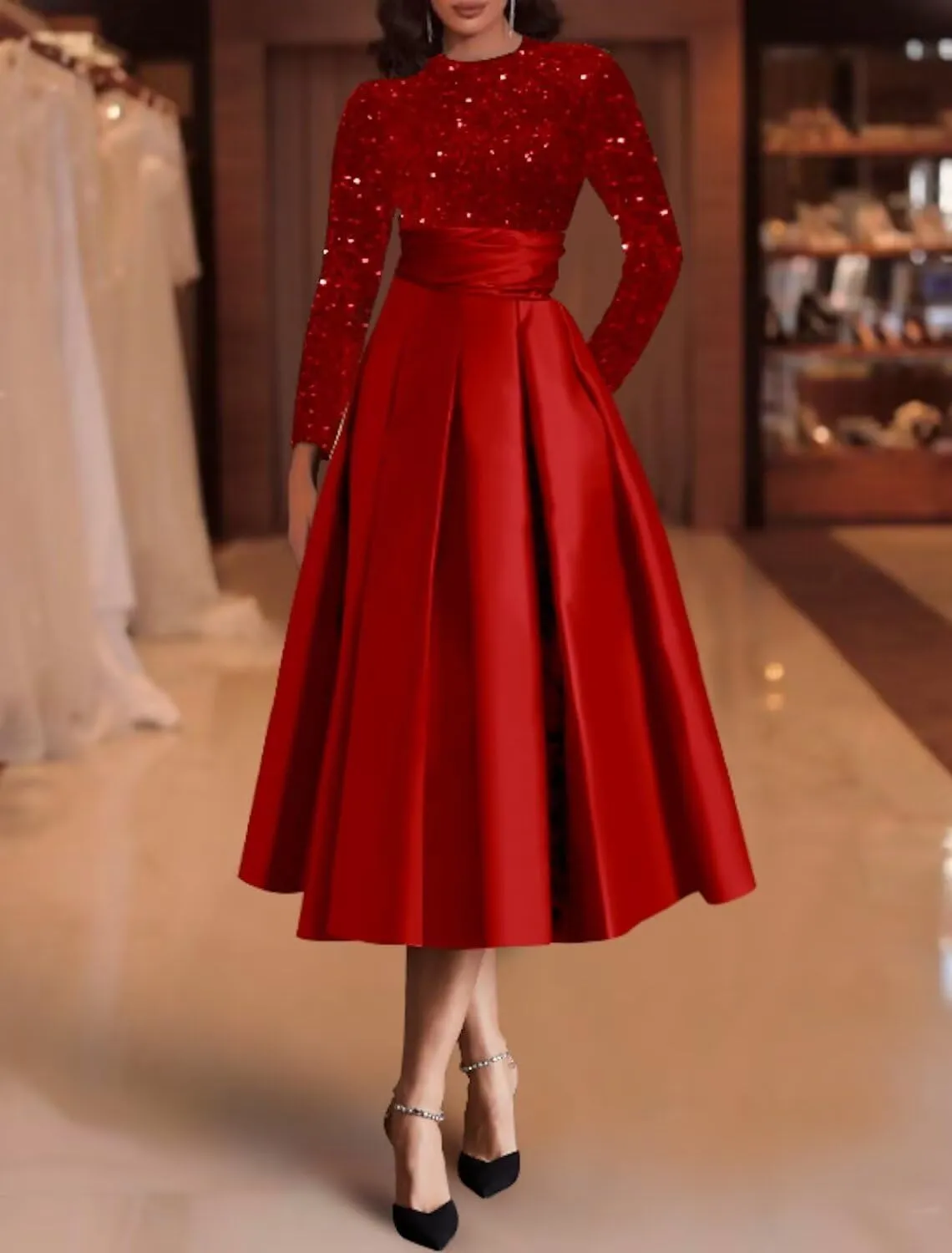 Mother of The Bride Dress for Wedding with Pocket Tea Length Satin Prom Dress Long Sleeve Formal Party Gowns
