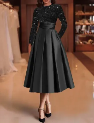 Mother of The Bride Dress for Wedding with Pocket Tea Length Satin Prom Dress Long Sleeve Formal Party Gowns