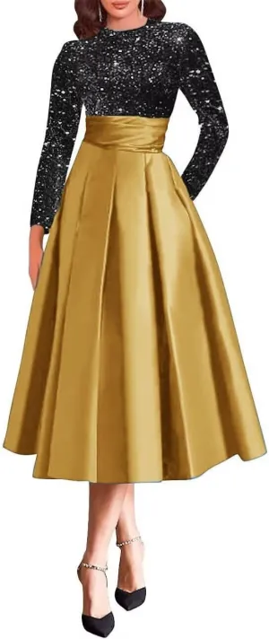 Mother of The Bride Dress for Wedding with Pocket Tea Length Satin Prom Dress Long Sleeve Formal Party Gowns
