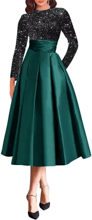 Mother of The Bride Dress for Wedding with Pocket Tea Length Satin Prom Dress Long Sleeve Formal Party Gowns