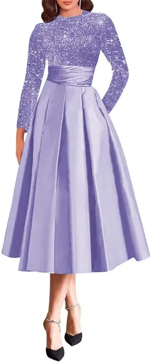 Mother of The Bride Dress for Wedding with Pocket Tea Length Satin Prom Dress Long Sleeve Formal Party Gowns